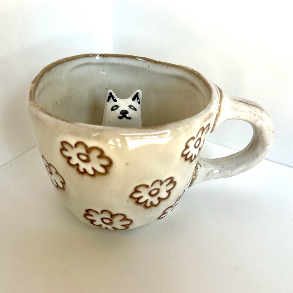 Greyish Brown Whimsical Dog In Teacup Ceramic